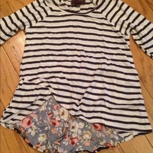 White and navy striped floral blouse